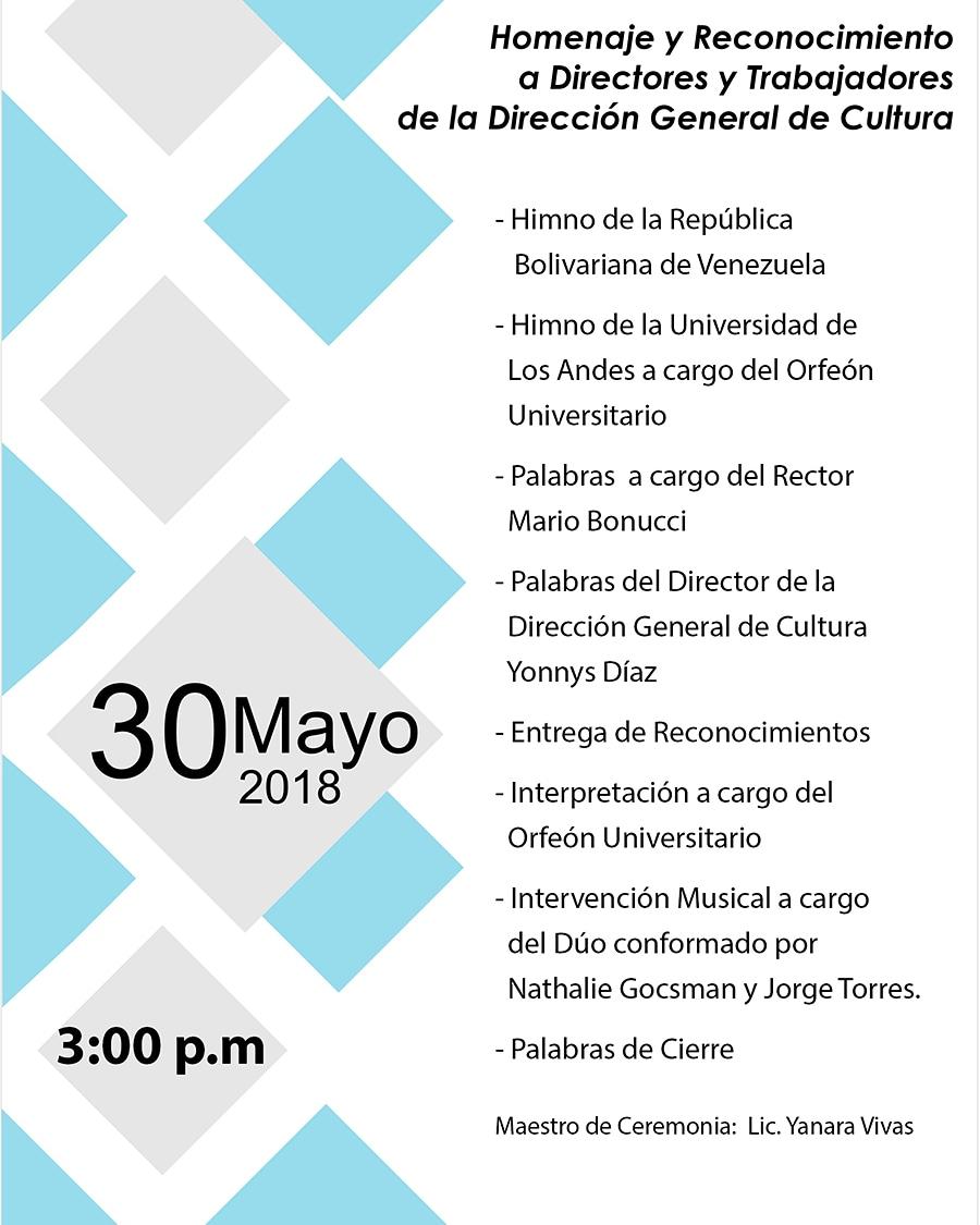 Homenaje a Ex Directores y trabajadores de la #Direccion de #Cultura #ULA #30Mayo 3:00 pm en el #TeatroCesarRengifo 
<a href="/leoperiodista/">Leonardo León</a> <a href="/PrensaULA/">Noticias Prensa ULA Cuenta Oficial</a> @Prensa_Liber <a href="/YanaraVivas/">ActualÍzate con 𝓨𝓪𝓷𝓪𝓻𝓪 𝓥𝓲𝓿𝓪𝓼🎙️</a> <a href="/salomehiguera/">Salomé Higuera</a> <a href="/DaniloFigueroa9/">Danilo Figueroa</a> 
<a href="/extensionarte/">Extensión Arte ULA</a> <a href="/FacuArteULA/">Facultad Arte ULA</a>