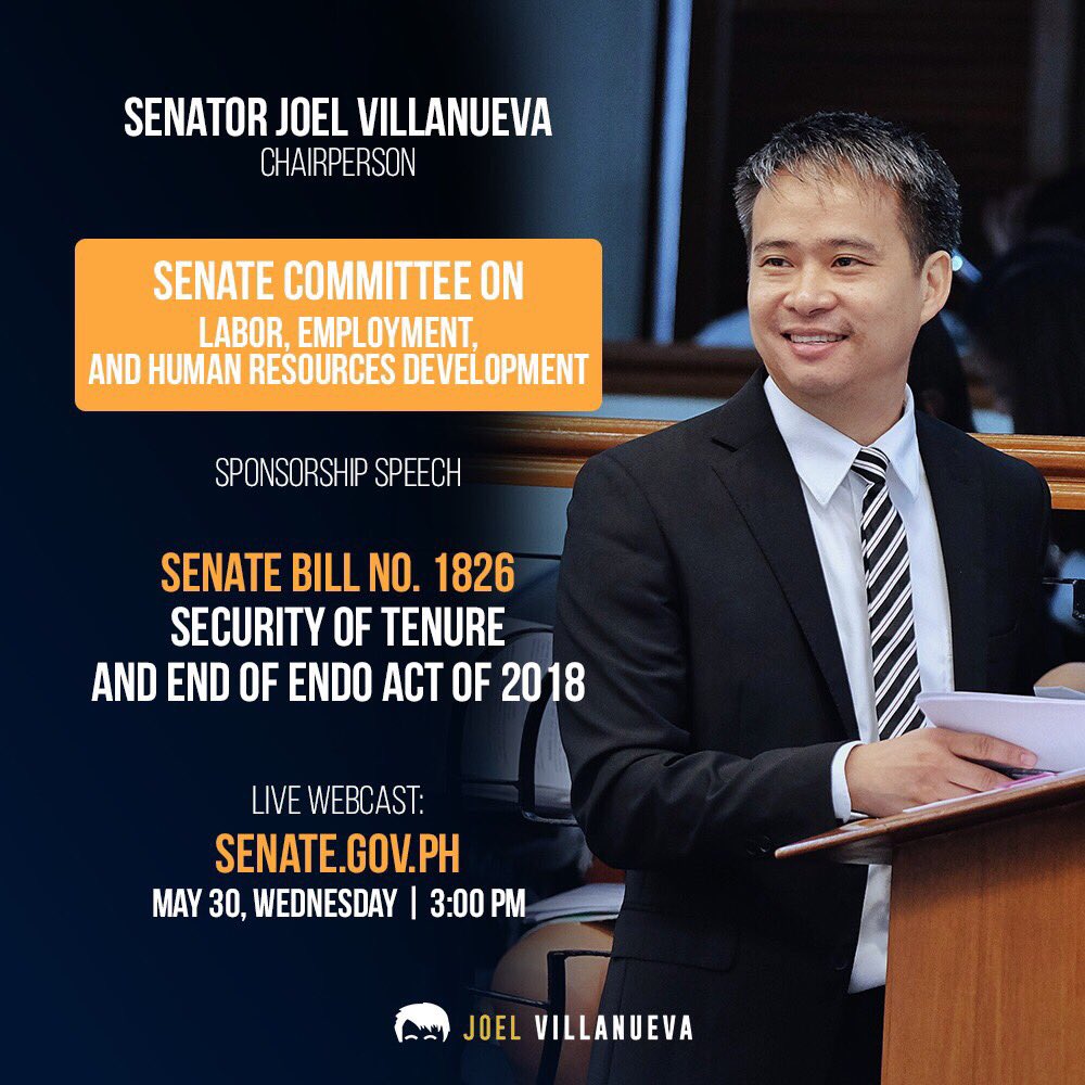 senatorjoelv's tweet photo. We will present today on the Senate plenary Senate Bill No. 1826 or the “Security of Tenure and End of Endo Act of 2018” which seeks to prohibit labor-only contracting, limit job contracting to licensed &amp; specialized fields, &amp; provide penalty for violation. #Vpositive https://t.co/ssWkiHtZTC