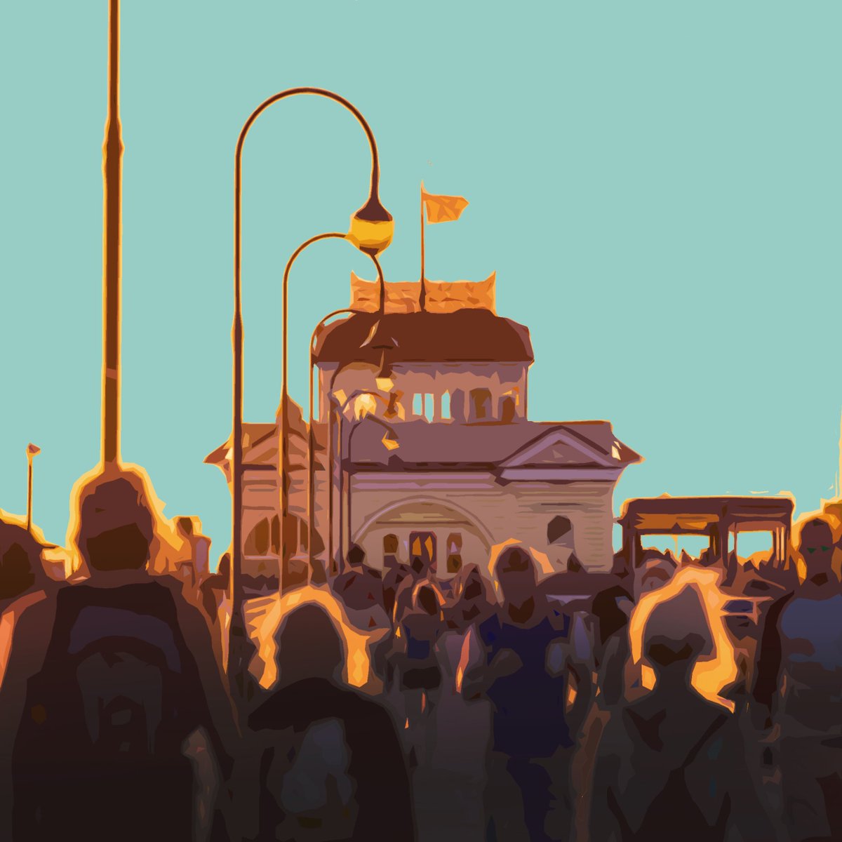 Photo of people on St Kilda pier. Photo has been edited with polarised effect.