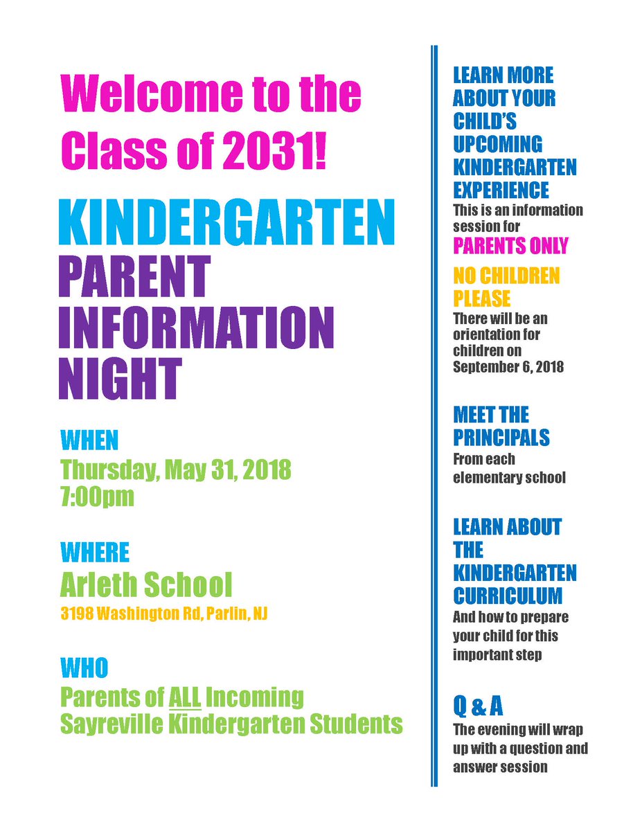 Sayrevillek12 Kindergarten Parent Information Night Flyer
