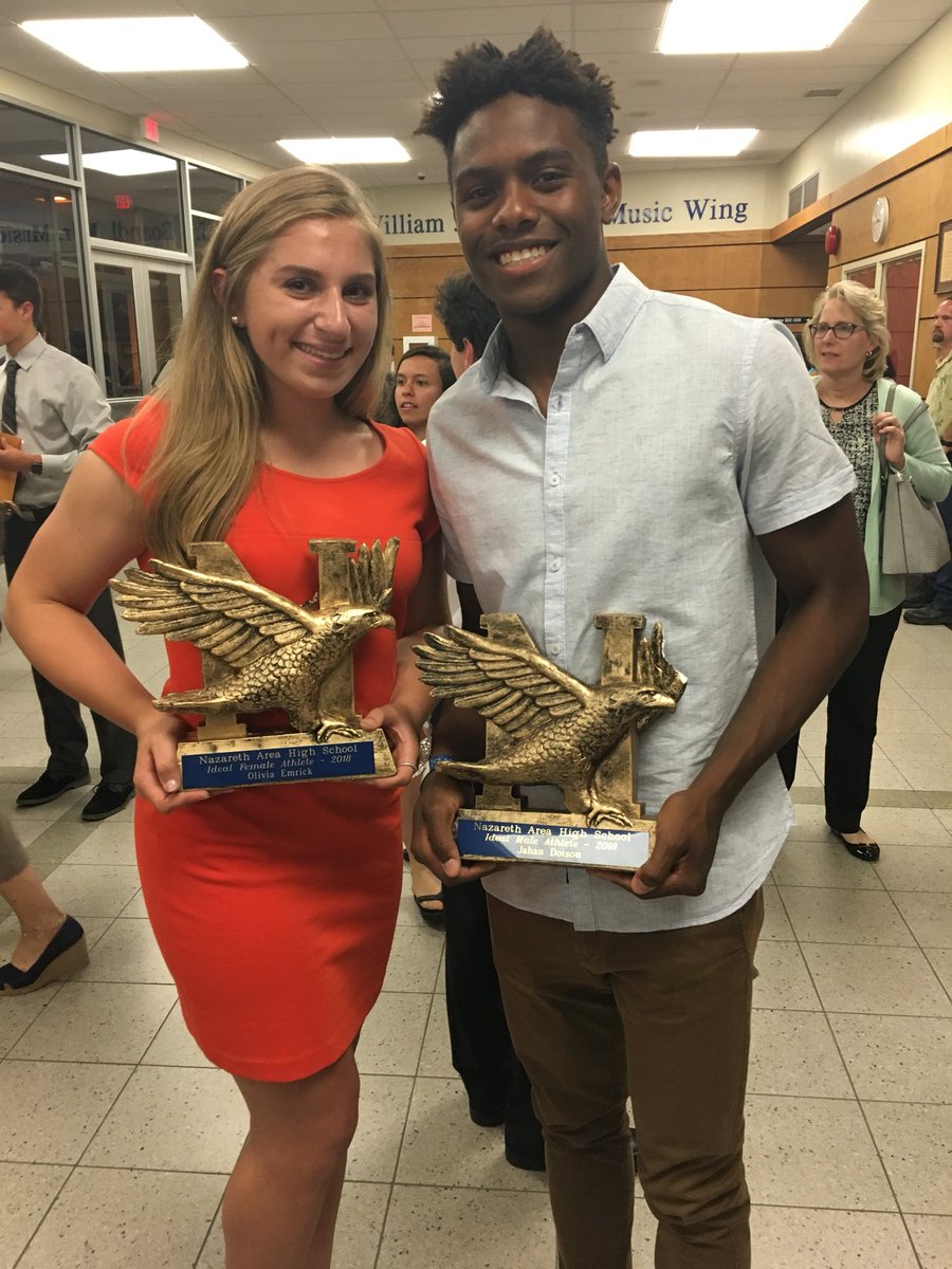 Big congratulations to our Ideal Female Athlete of the Year Olivia Emrick <a href="/oliviaemrick/">Liv Emrick</a> &amp; our Ideal Male Athlete of the Year Jahan Dotson @H55ZY Two tremendous student-athletes with very bright futures! #NazarethProud #GoBlueEagles