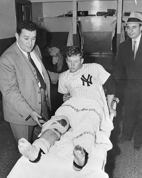 kevinfarmermd's tweet photo. This is a cool picture, Mickey Mantle and Yankees team Physician Sydney Gaynor.  Likely a torn ACL.  Reportedly played 17 seasons without an ACL since there were no good reconstruction options then #sportsmedicinehistory https://t.co/Qqby5zVepM