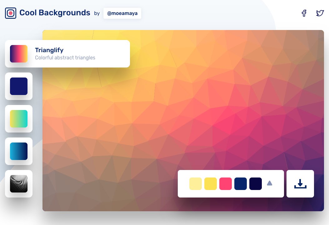 在线生成酷背景图。实用网站，把几个在线生成背景图功能放在了一起，有 lowpoly/多边形、颗粒、渐变、图形渐变 4 种自定义背景图生成工具，附赠 Unsplash 图片网站入口 #设计资源 // Cool Backgrounds https://t.co/tTU2qGX1TP https://t.co/sUBbzuUmNl 1
