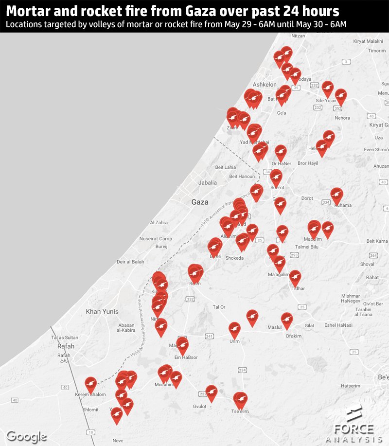 ForceAnalysis's tweet photo. Over the past 24 hours, #Israel has witnessed the highest volume of mortar and rocket fire out of #Gaza since 2014. At this point, rocket and mortar fire is contained to the area 20km and closer to the Gaza Strip, indicating no advanced artillery rockets like the Fajr were used. https://t.co/gvMyc3F1pl