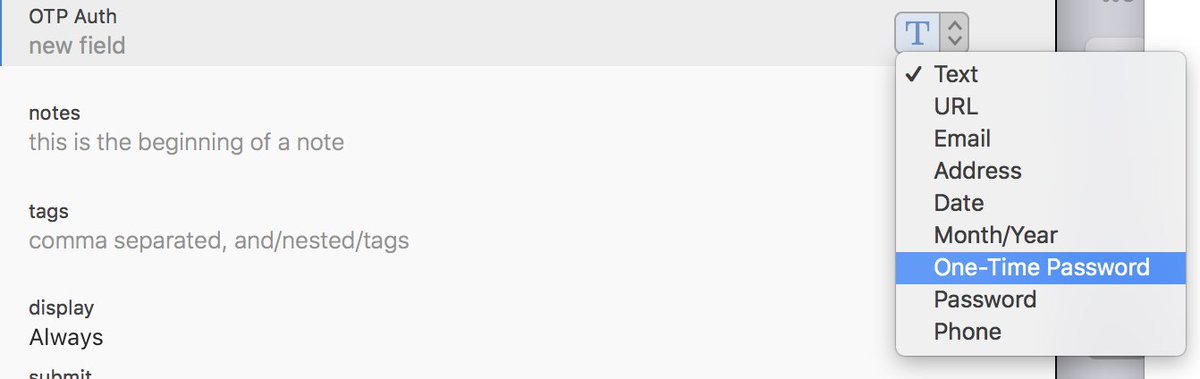 Koshatul's tweet photo. @1Password Is there a known issue with the "one-time password" field ? the first time I create a field it shows as a one-time password type but I can't use it until I alt-tab away and back then reselect one-time password https://t.co/jfe5D3CrNR