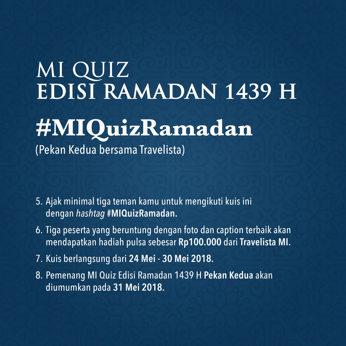 QUIZ ALERT! 

Jangan lupa untuk ikutan #MIQuizRamadan ya Travelers, hari ini terakhir loh yaaa. Cek S&amp;K di bawah ini: