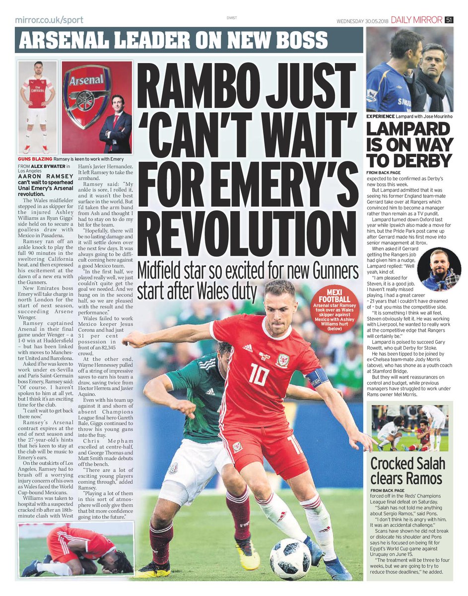 _AlexBywater's tweet photo. Spoke to Aaron Ramsey after #MEXWAL in Pasadena. Revealed he "can't wait" for Unai Emery's Arsenal revolution, hinting he's likely to stay at #AFC with contract talks on table https://t.co/Rx1yX3bKuL https://t.co/e0cqHOhXpz