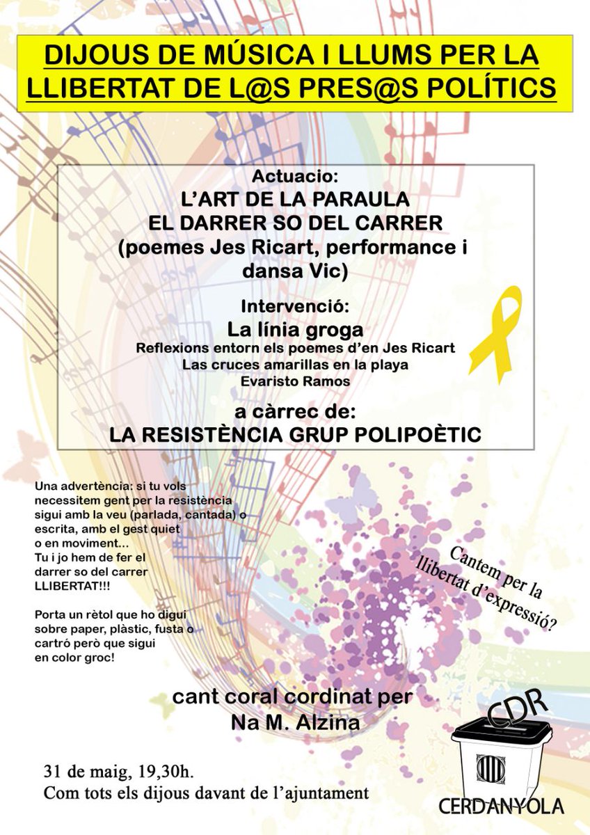 CDRCerdanyola's tweet photo. 📣 Demà #Cerdanyola com cada #Dijous demanarà #Llibertat per les preses i exiliades‼️#DecidimSer #CDRenXarxa #MésViusQueMai #ElPoderDelPoble #Stop155 https://t.co/truitNGi5x