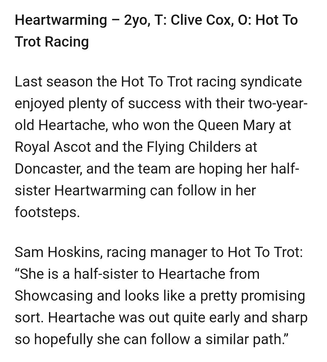 JamesStevens180's tweet photo. Wishing everyone in @HotToTrotRacing good luck for Heartwarming's debut at Nottingham this afternoon.
She's a half-sister to their superstar dual G2 winner Heartache - it'd be great to see both at Ascot.
The first 2yo from #TheInsideSource. Read ๐ https://t.co/5eUBSl9mfC https://t.co/Yr2UeFmL51