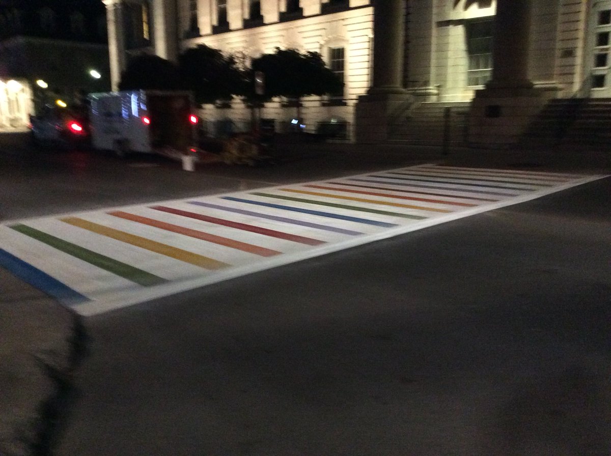 To mark Pride Month which begins this Friday, City of Kingston Public Works has painted the pedestrian crosswalk at City Hall in the signature Pride colours.