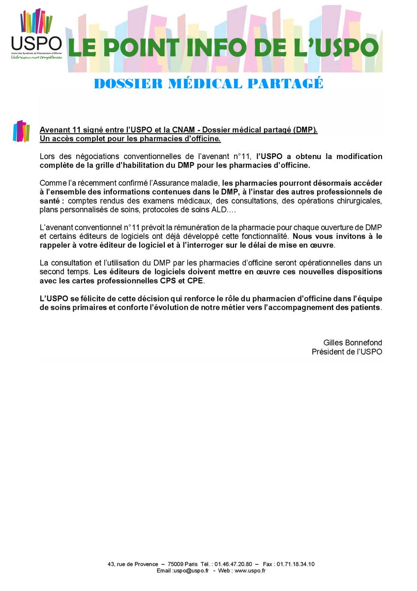 USPO_Pharmacies's tweet photo. Dossier médical partagé : les #pharmaciens auront accès à toutes les informations! Une belle reconnaissance du rôle du pharmacien d'officine dans l'équipe de soins primaires! #DMP
Le point info de l'USPO vous en dit plus! https://t.co/H3GD3dqbr8