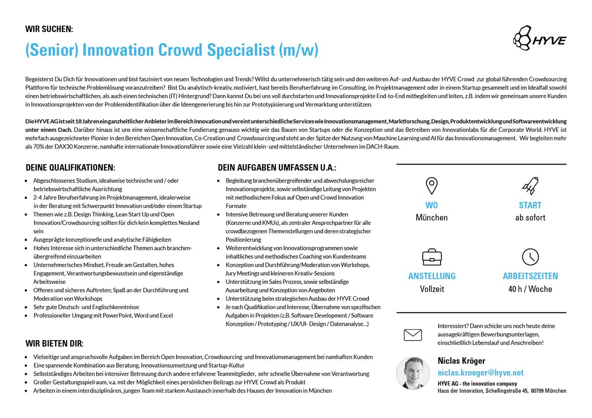 hyve_innovation's tweet photo. Are you fascinated by "the power of crowd"?
Contribute to the development and expansion of the HYVE Crowd into the world's leading crowdsourcing platform for technical problem solving. Apply now! https://t.co/vXkjsfMjgt
#hyvehires #openinnovation #hyvecrowd #crowdsourcing https://t.co/W7UcVnvsNP