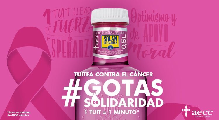 Qué mejor manera de volver a escribir en Twitter que para apoyar a <a href="/Solan_de_Cabras/">Solán de Cabras</a> y @aecc_es en #GotasdeSolidaridad. 1tuit=1 minuto para luchar contra el Cáncer de mama <a href="/adiazpines/">Ana Díaz-Pinés</a> <a href="/AnaFPardo/">Ana Fernández</a> @eliteeventmusic me ayudáis a difundirlo? 😊💪🏼