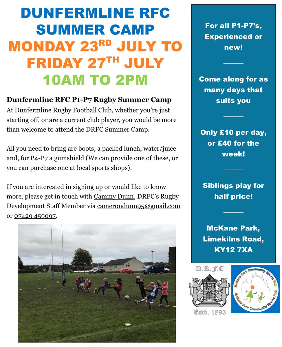 DRFCDevelopment's tweet photo. Fear of being stuck in during Summer? ☀️ 
We’ve got you covered 😎

Registration for the DRFC Summer Camp is now open! 🏉 

See photo for more information!

@fiferugby @dunfermlineRFC https://t.co/MKHKnDDOTF