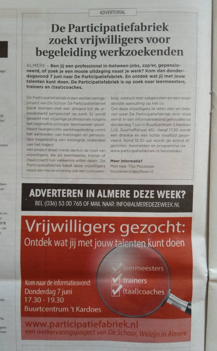 AlmerePF's tweet photo. Vandaag in de krant: onze informatieavond! @AlmerePF, @VrouwWijzer &amp; @Learn2workD zoeken leermeesters, #trainers, #coaches &amp; #taalcoaches. Ben/ken je die iemand die zich als #vrijwilliger in zou willen zetten? Meld je aan &amp; ontdek wat wij je kunnen bieden: https://t.co/iLNPQili4t https://t.co/AnssYfOTsO