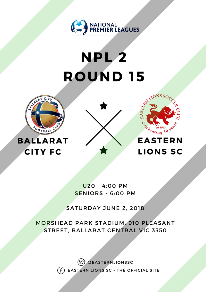 EasternLionsSC's tweet photo. This weekend our Lions take on @ballaratcityfc away from home - definitely worth the drive, get on down! https://t.co/8HTevFiLw1