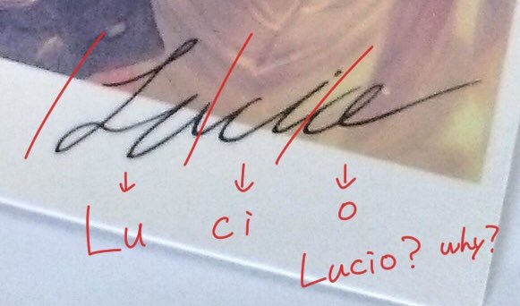 姉音モネ ルシファーお返しのサイン やっぱこれ Lucio だと思う 最後の O は Ie と考えるには I の上の点が無いし E に見えてしまうのは O の筆記体の上のしっぽの部分がこのサインだと随分下に流れてるからだと思う T Co