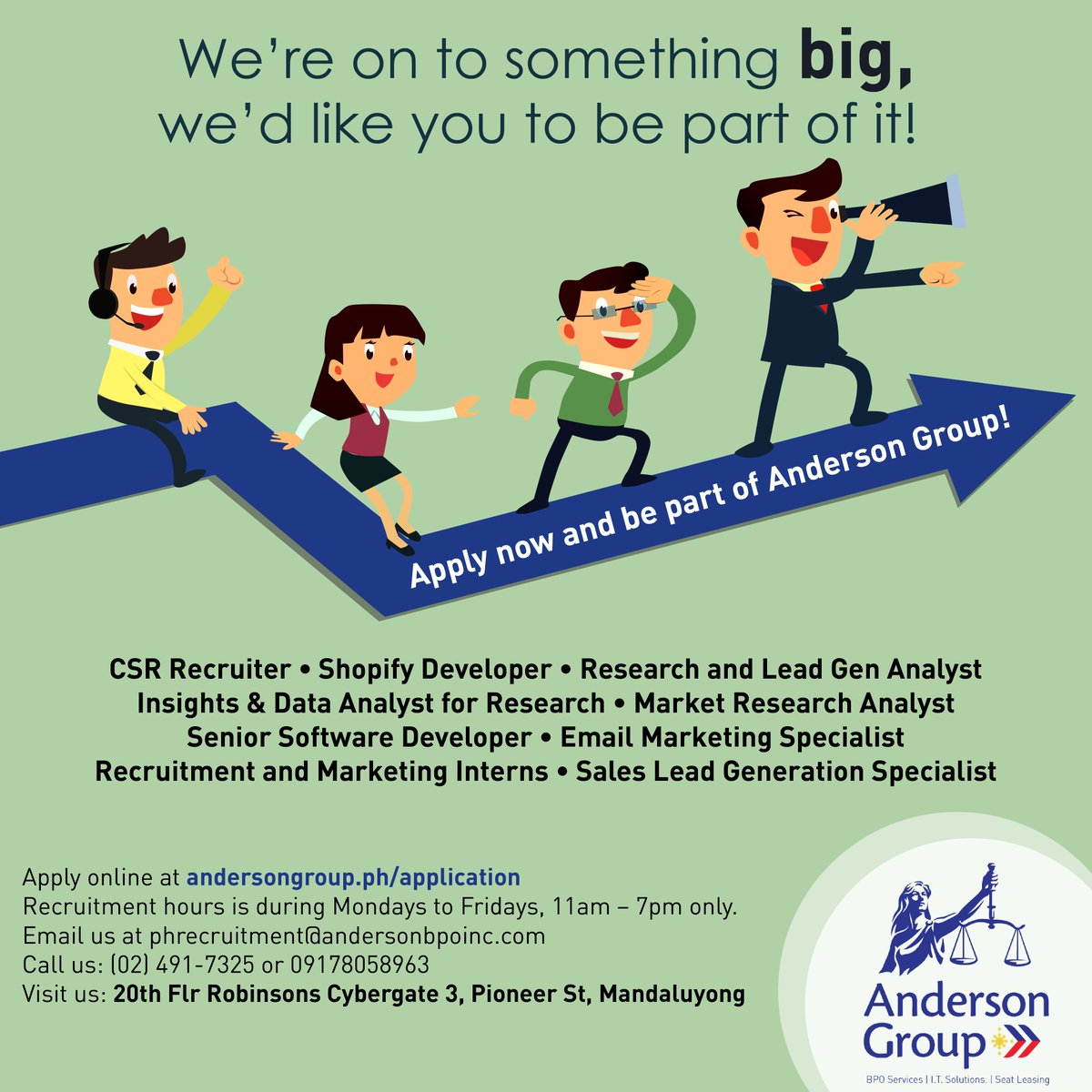 AndersonGroupPH's tweet photo. See our latest #openings at #AndersonGroup!
#emailmarketers #marketingspecialists #shopifydevelopers #researcher #leadgenanalyst #dataanalyst #salesleadgen #csrrecruiters #leadgenspecialist #teamlead #agents #seniorsoftwaredev
#jobfair #jobhiring #recruitment #bpo #hiring https://t.co/Go5FL0rXmC
