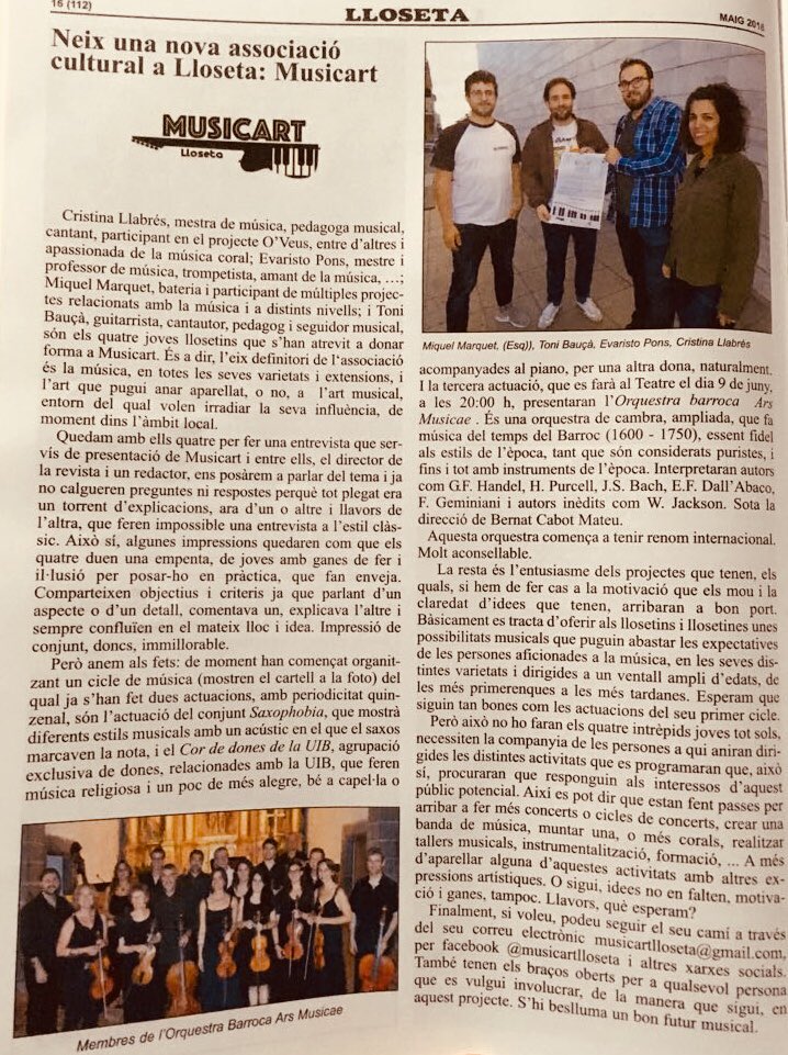 Sortim a la Revista del nostre poble! 👏🏻👏🏻👏🏻Gràcies per ajudar-nos a fer visible el nostre propòsit! #Llosetaéscultura #Llosetaésmúsica! Recordau que dia 9 de juny és el darrer concert del #CicleMusicartLloseta! Gaudirem del concert d’Ars Musicae!