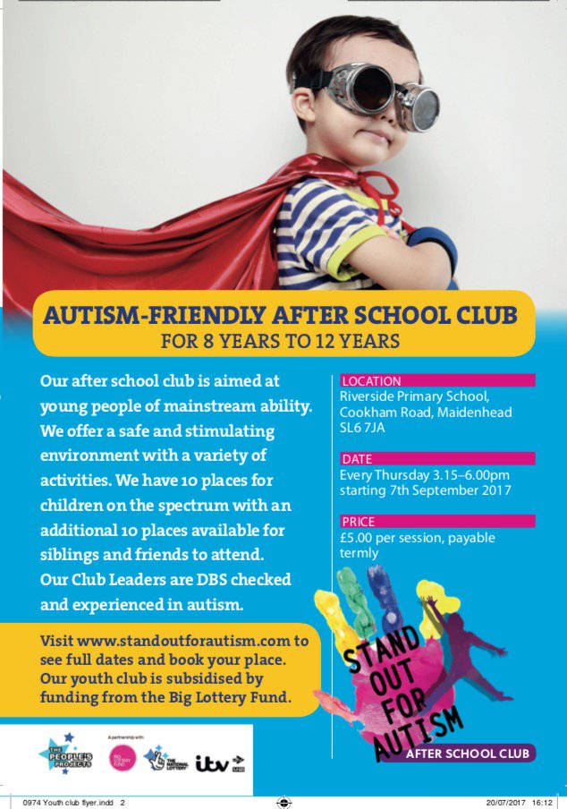 standout4autism's tweet photo. Have you heard about our Autism-friendly after school club? (for 8-12 years) Every Thursday at Riverside Primary School from 3.15pm - 6pm Great value at £5 per session! (siblings welcome) https://t.co/nSJqMqJHt8 #autismfriendly #standoutforautism #afterschoolclub #Maidenhead https://t.co/mP5r0u7aPX