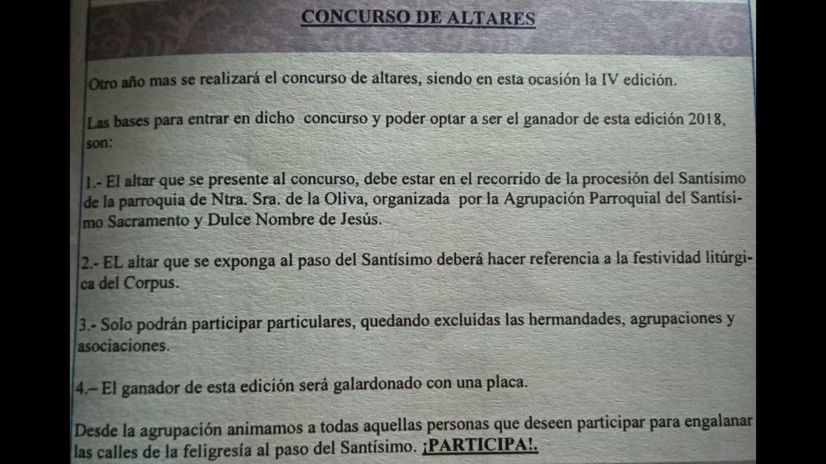 CONCURSO DE ALTARES DEL CORPUS

Un año más volvemos a celebrar este concurso durante el recorrido del Corpus para mayor realce de la procesión del Santísimo Sacramento.

Adjuntamos las bases del mismo.