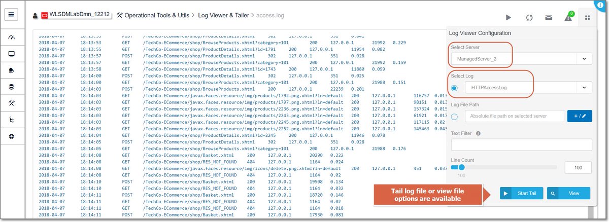 wlsdmcommunity's tweet photo. WLSDM Tail #WebLogic access log (DataSourceLog,ServerLog, WebLogic.Stdout, JMSMessageLog log options are available):
*Select server
*Choose log type as "HTTPAccessLog"
*Click "Start Tail"
#Oracle #DevOps #LogMonitoring #LogTail https://t.co/DhZyPflHtm