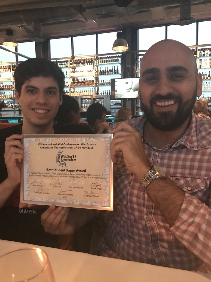 We are honored to be rewarded the Best Student Paper Award at #WebSci18 for our paper 'Analyzing right-wing YouTube channels: hate, violence and discrimination'! Kudos to the team @Cunha_et_al, @GabrielMagno, @pdbernardina12, @wagnermeirajr and @virgilioalmeida