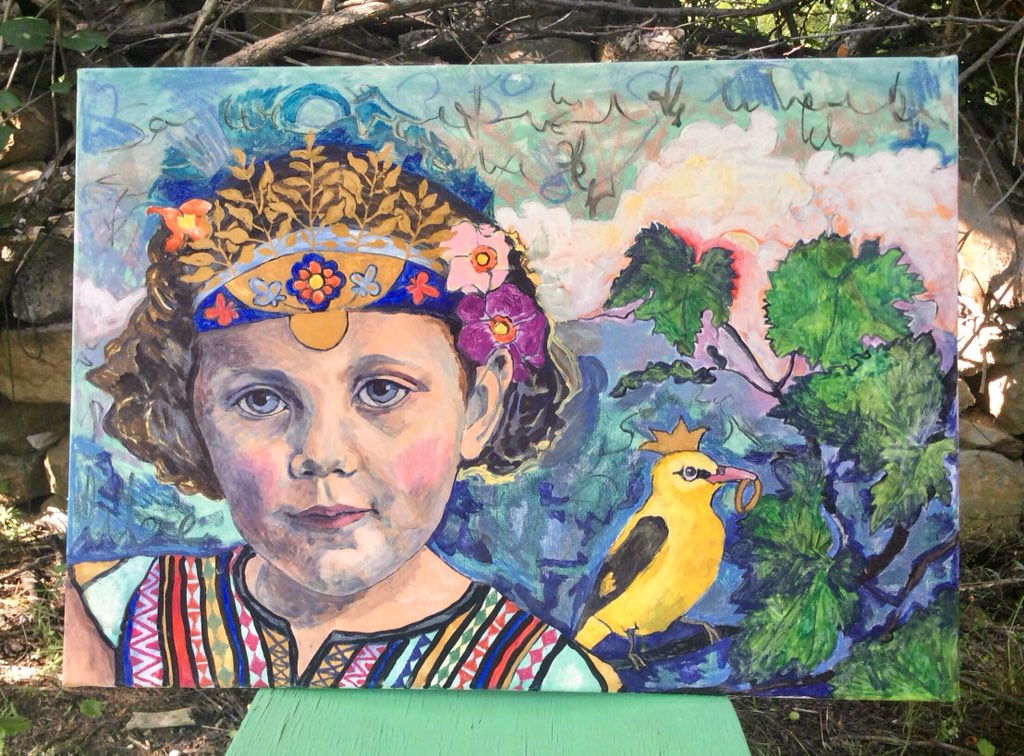 beateshallcross's tweet photo. ‘Portrait of Lila with Golden Bird’; acrylics &amp; mixed media on canvas; B.Shallcross. Got inspired by sitting under the lovely lilac trees and listening to the golden orioles. #pleinair #lefrancandbourgeois #Bulgaria #magicrealism #ArtOfTheDay #girl #folklore #Spring #vine #flower https://t.co/oiB3BzS6GR