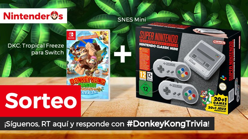 ¡Sorteamos un Donkey Kong Country: Tropical Freeze para Switch y una SNES Mini! Solo hoy: 

➡️ Síguenos
➡️ RT aquí
➡️ Menciónanos con #DonkeyKongTrivia respondiendo a la pregunta de la web: nintenderos.com/2018/05/sortea…