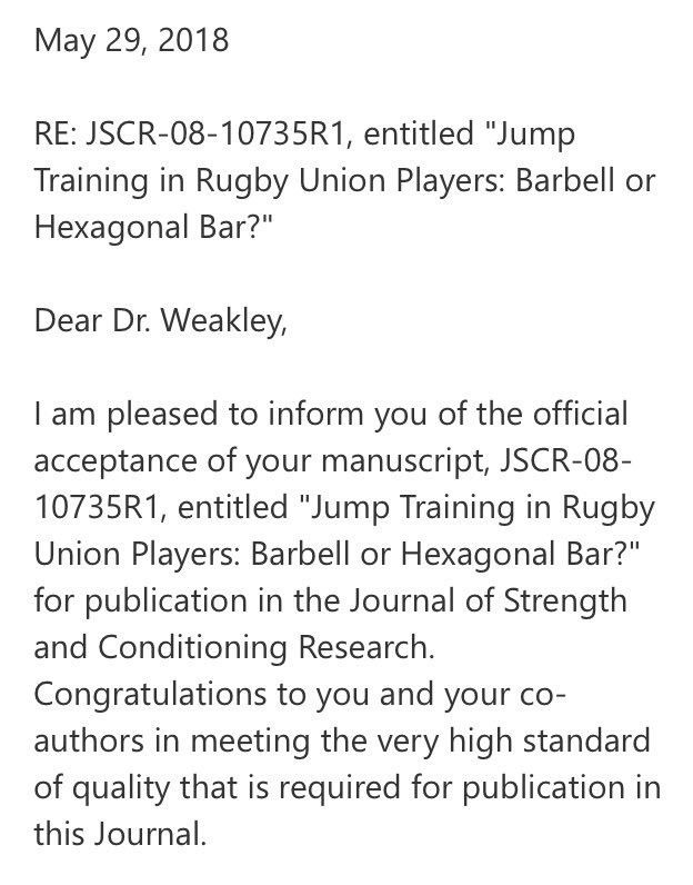 JonathonWeakle1's tweet photo. What bar should we use when aiming to develop explosive lower body characteristics? 🏋️♂️
“Jump training in rugby union players: barbell or hexagonal bar?”
Good to have it across the line with some great coauthors! https://t.co/2Gykk2r6iu