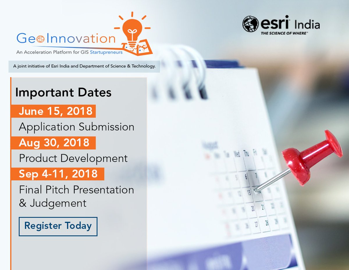 Mark the important dates for #Geoinnovation Challenge.
Apply here- goo.gl/WuRdM4  
#Geoinnovation #Challenge #Startups #GIS #Contest #ContestAlert #India