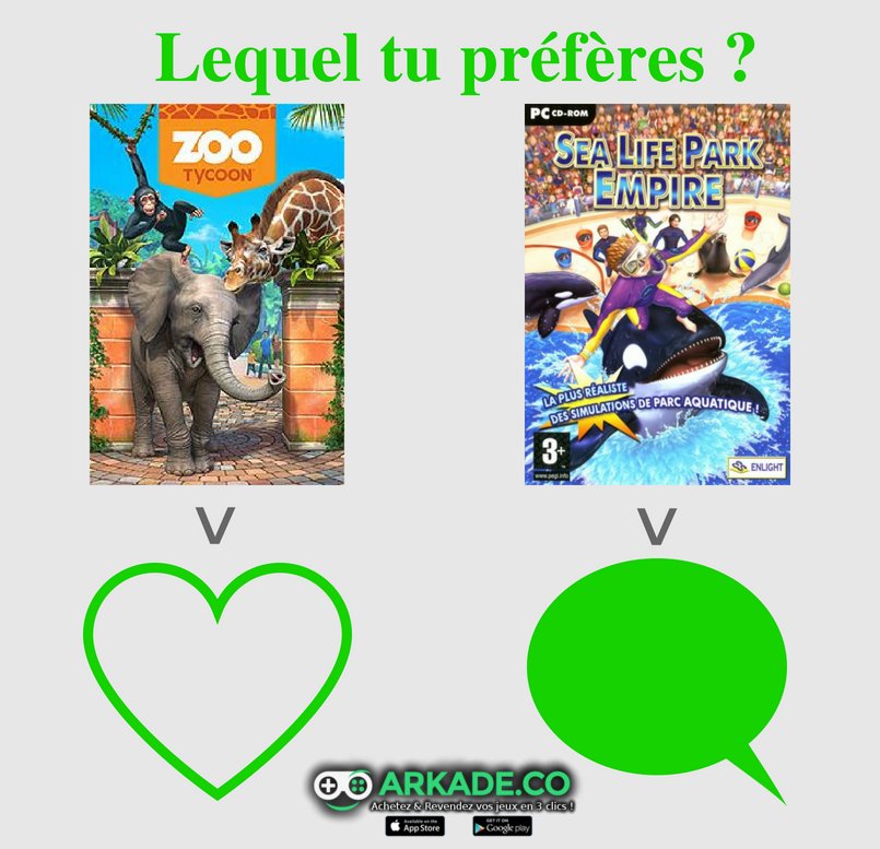 arkade_co's tweet photo. Lequel tu préfères ? #consoles #jeuxvideo #ZooTycoon #SeaLifeParkEmpire 
Téléchargez Arkade sur iOS / Android.
- iOS : https://t.co/iNyb62rTMd 
- Android : https://t.co/NS4IS8WvkE https://t.co/bt0H4xhhY5