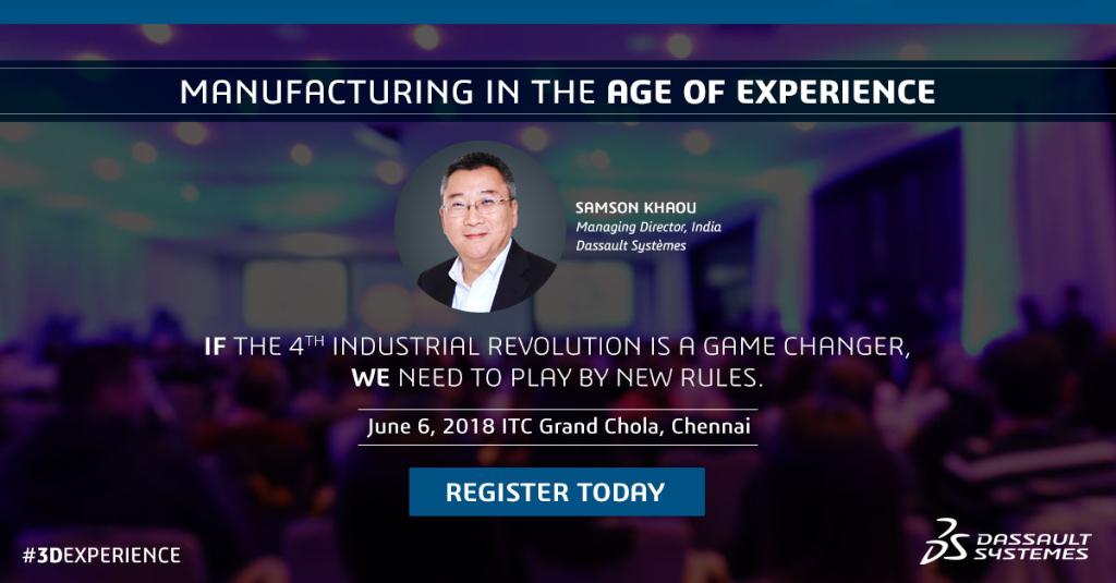 3DSIndia's tweet photo. Explore the scope of #Manufacturing in the Age of #Experience with Samson KHAOU, MD, Dassault Systemes India. Register Now- https://t.co/JRaCK6nW5m
#3DEXPERIENCE #MAOEIndia2018 https://t.co/59JGbN8R4M