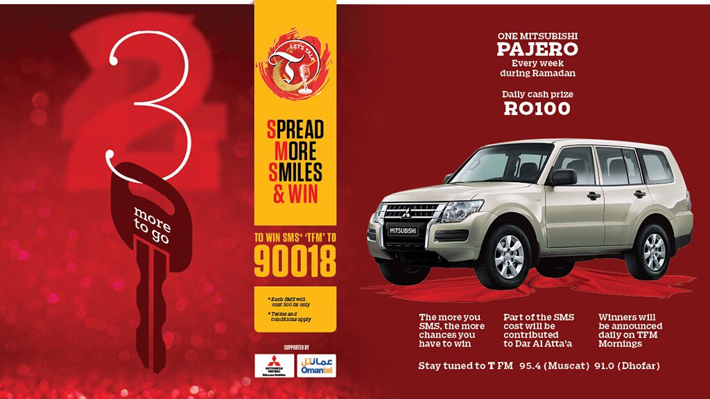 timesofoman's tweet photo. T FM 95.4 Update: 1 down.. 3 to go! Announcing our 2nd winner of the @MitsubishiOman Pajero tomorrow, 9pm! Stay tuned! #spreadmoresmiles https://t.co/NbnGmEHa8c