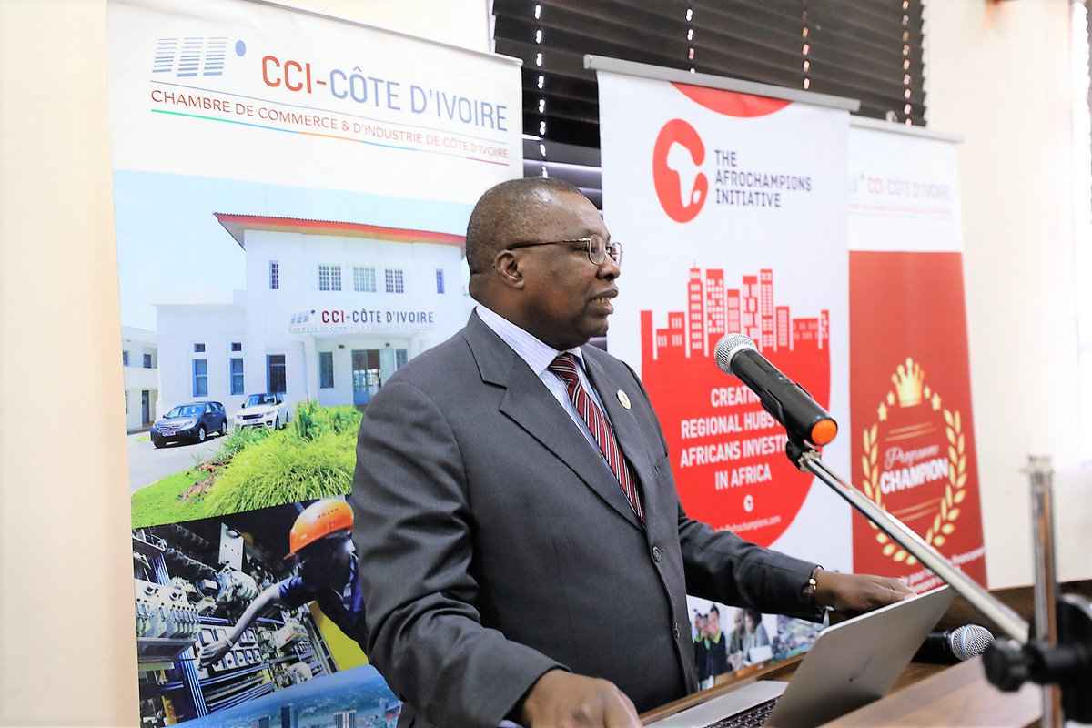 AU_ETTIM's tweet photo. #Abidjan, Côte d'Ivoire was yesterday the second step of the #AfCFTA sensitization tour. Commissioner Muchanga met &amp; discussed with Ivorian entrepreneurs, at Cote d'Ivoire Chamber of Commerce, the positive impact of the implementation of the African Continental Free Trade Area. https://t.co/ifwfpbPd9M