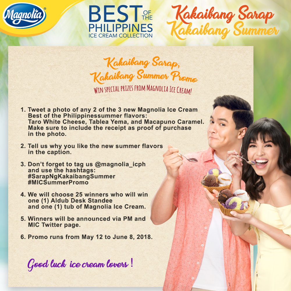 magnolia_icph's tweet photo. Hello, ice cream lovers! Extended ang ating Summer promo until June 8. Post your 2 favorite MIC summer flavors at βwag kalimutang isama ang receipt! Tell us why you love them sa caption. We will announce the winners on June 8. Sali na! #SarapNgKakaibangSummer #MICSummerPromo https://t.co/YYJtTsDxj6