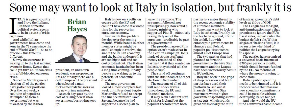 brianhayesBPFI's tweet photo. 'Some may want to look at Italy in isolation, but frankly it is too big to be ignored' - My opinion piece in todays @Independent_ie #ItalianElection2018 @EPPGroup https://t.co/JhyMfPkfNq
