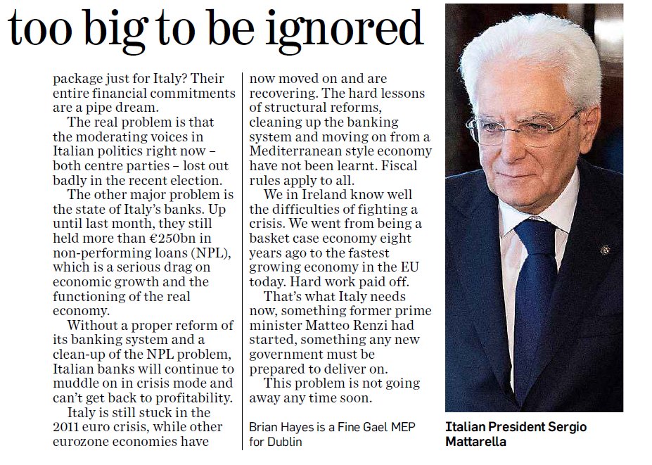 brianhayesBPFI's tweet photo. 'Some may want to look at Italy in isolation, but frankly it is too big to be ignored' - My opinion piece in todays @Independent_ie #ItalianElection2018 @EPPGroup https://t.co/JhyMfPkfNq