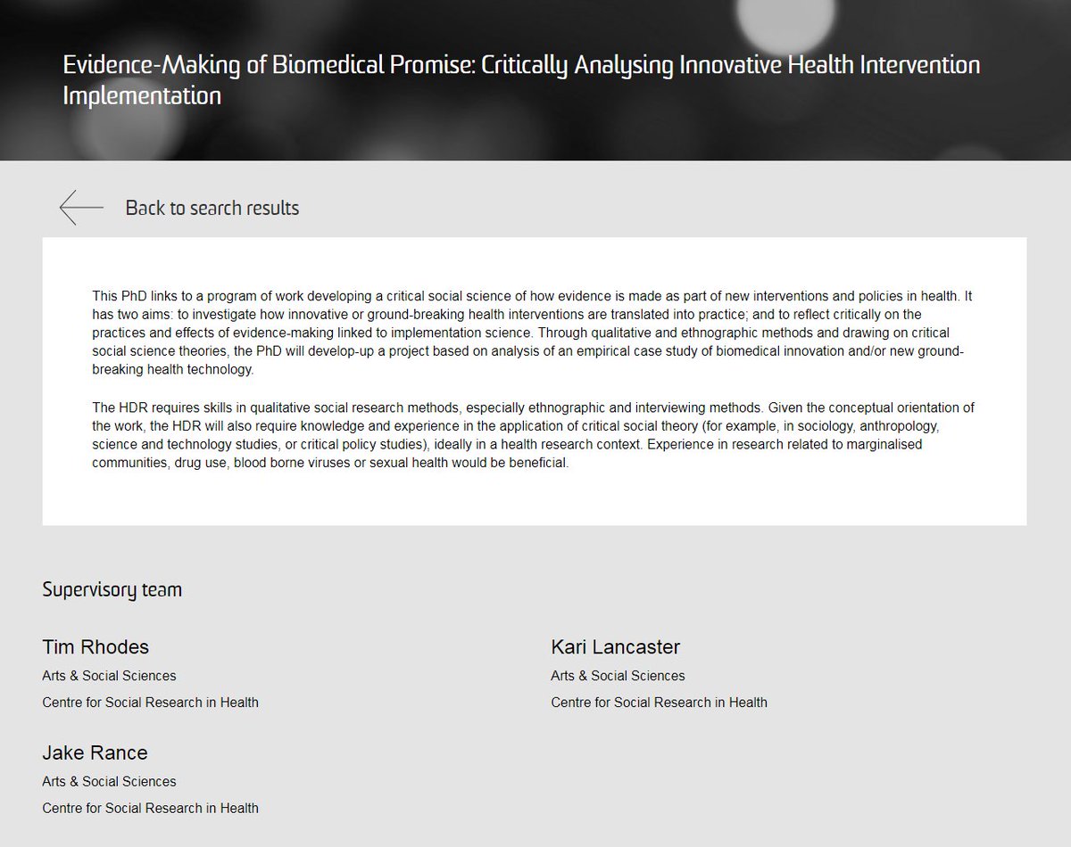 UNSW Centre for Social Research in Health (@csrh_unsw) on Twitter photo UNSW Scientia PhD Scholarship opportunity: Are you interested in researching Evidence-making of biomedical promise: Critically analysing innovative health intervention implementation. Working with Tim Rhodes, @kari_lancaster and <a href="/jakearish/">jake rance</a> 2025.unsw.edu.au/apply/scientia… UNSW Scientia PhD Scholarship opportunity: Are you interested in researching Evidence-making of biomedical promise: Critically analysing innovative health intervention implementation. Working with Tim Rhodes, @kari_lancaster and <a href="/jakearish/">jake rance</a> 2025.unsw.edu.au/apply/scientia…
