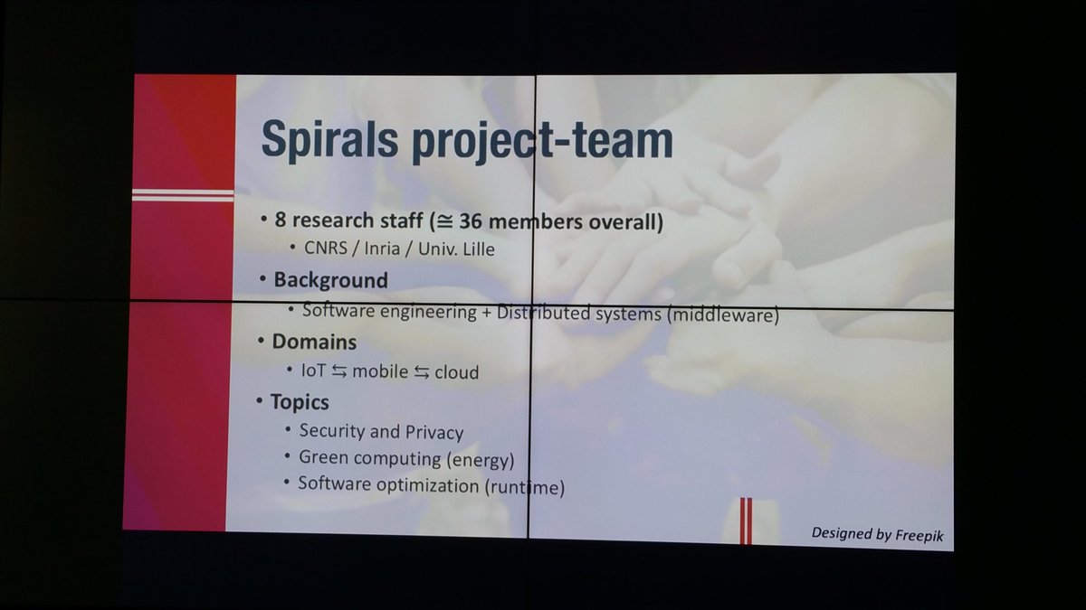 Inria's tweet image. #inriatechtalk #crowdsensing Romain Rouvoy présente les sujets de recherche de l&apos;équipe Spirals @Inria_Lille @univ_lille #iot #Mobile #cloud