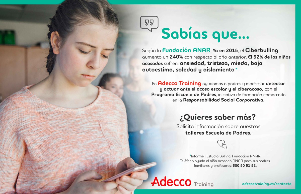 noemicamblor's tweet photo. El creciente #acoso escolar y #ciberacoso a nuestros hijos no es ninguna broma pero saber detectarlo y actuar con rapidez es difícil. Adecuándonos a las necesidades modernas, en #AdeccoTraining hemos desarrollado #EscuelaDePadres. + Info en: https://t.co/U8G2FyB0OA https://t.co/nbElwT8PJk