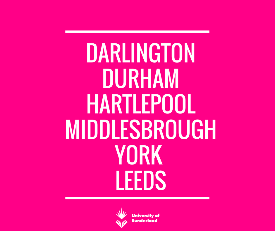 sunderlanduni's tweet photo. Are you thinking about University and live in one of the below locations?
We’re offering FREE return transport to Sunderland so you can travel to us at our next open day and explore all we have to offer!
Email student.recruitment@sunderland.ac.uk to join us on Saturday 9th June. https://t.co/v3vETYH34x
