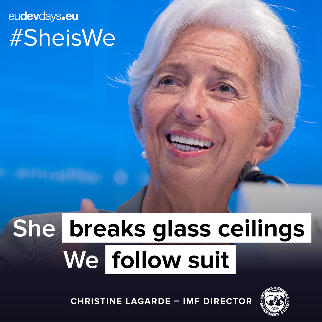 UN_Women's tweet photo. The countdown to the #EDD18 is on!
Get inspired by Christine Lagarde.
She wants women to be game changers in every aspect of the world. 
📚 Education, 
📣 politics, 
📈 economics; 
you name it, she is fighting for it. 
#SheisWe #EDD18 👉 https://t.co/21YGylkgG2 cc: @europeaid https://t.co/IbZNVtwYN1