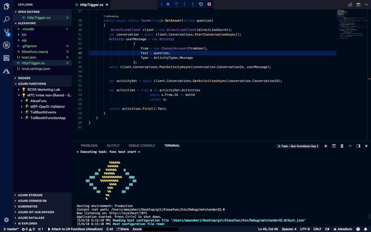 AzureWeekly's tweet photo. Building a simple #Azure Function using Visual Studio Code and #Bot framework Direct Line for a custom Alexa skill from Ali Mazaheri https://t.co/VXnDHAb38W #azurefunctions #VisualSudioCode https://t.co/dvzryELIgJ