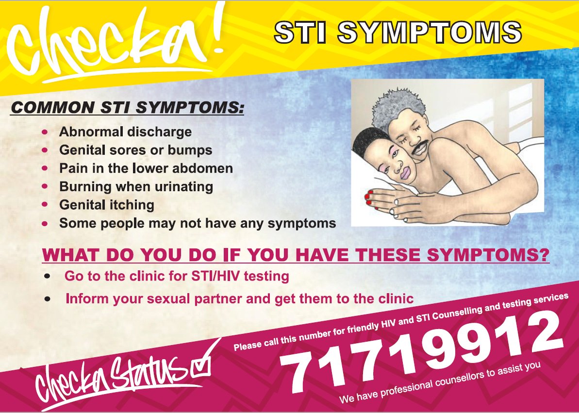 CheckaStatus's tweet photo. Sexual health is important. Here and the common symptoms you should look out for. Call: 71719912 to get tested.
#CheckaStatus #GetHIVTested #WCW #QueuesMustFall #HIVRiskFactors #Educate https://t.co/5Dggd1Y0Cm