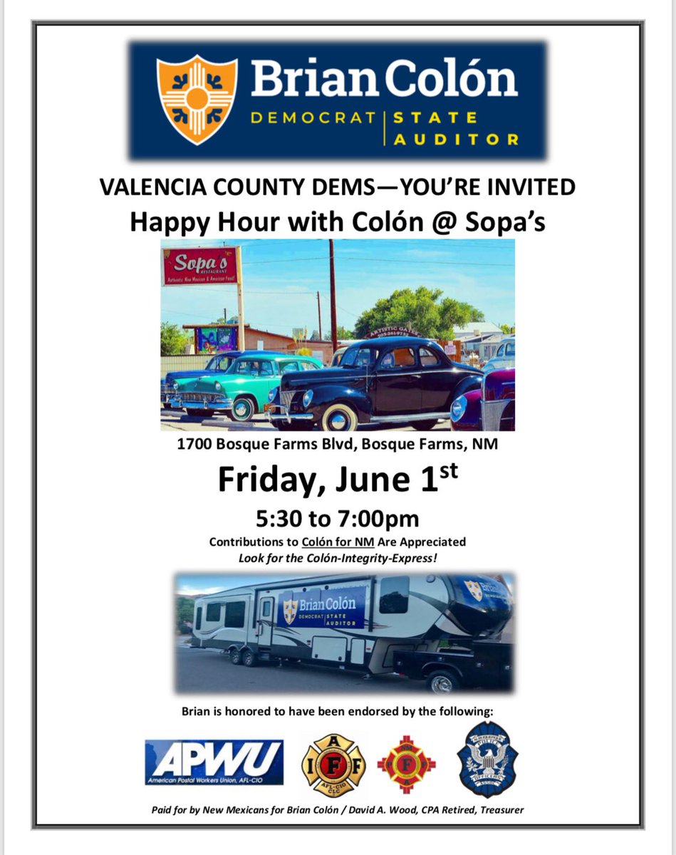 Brian_Colon's tweet photo. Valencianos—looking forward to Sopa’s on Friday!!! Come out @vc_democrats and join #TeamColon #ColonForAuditor #MyHomeTown #LLHS #ClassOf88 https://t.co/x9Q3OpXKsU