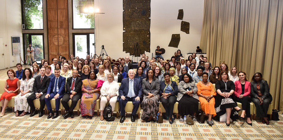 MASHAVisrael's tweet photo. Presidential reception: Israel’s President Reuven Rivlin hosted the participants of the 30th International Women Leaders Conference, who presented him with the ‘Conference Declaration’. Head of MASHAV @GilHaskel was honored to give @PresidentRuvi the #MASHAV60 Anniversary Book https://t.co/itHiwVZx6X
