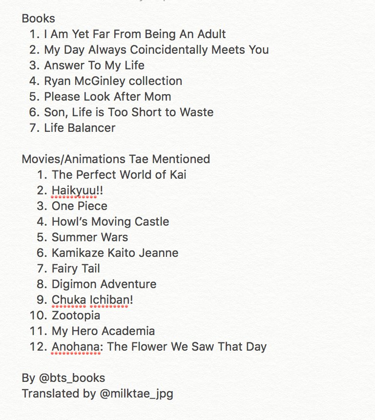 Miℓktae Trans T Co Huqjyyv0y7 Here Are The List Of Books Anime Movies That Taehyung Mentioned Or Recommended Before T Co Ejdqnkihdi