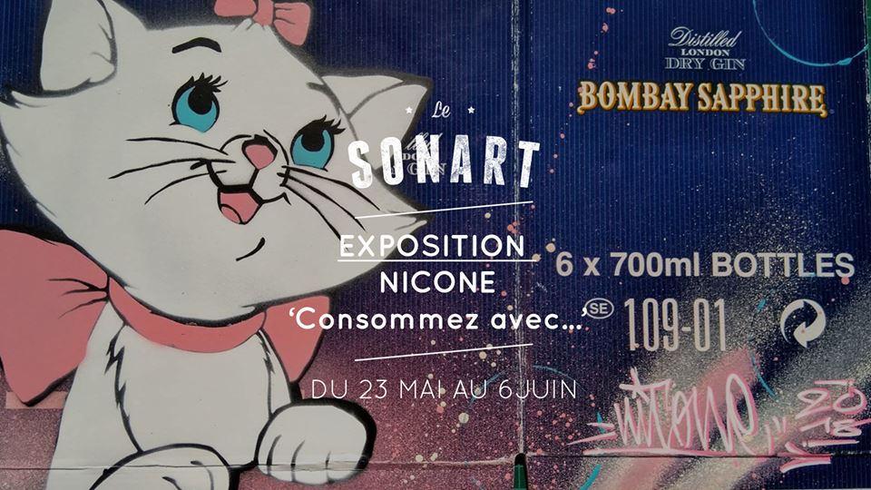 _NicoOne's tweet photo. n'oubliez pas... Demain, (re)vernissage au Son'art de l'expo "Consommez avec...". Venez m'y retrouver. 
#expoàparis #urbanart #pochoirsetcartons #alcooletchatons https://t.co/hzr2e1WJ9v