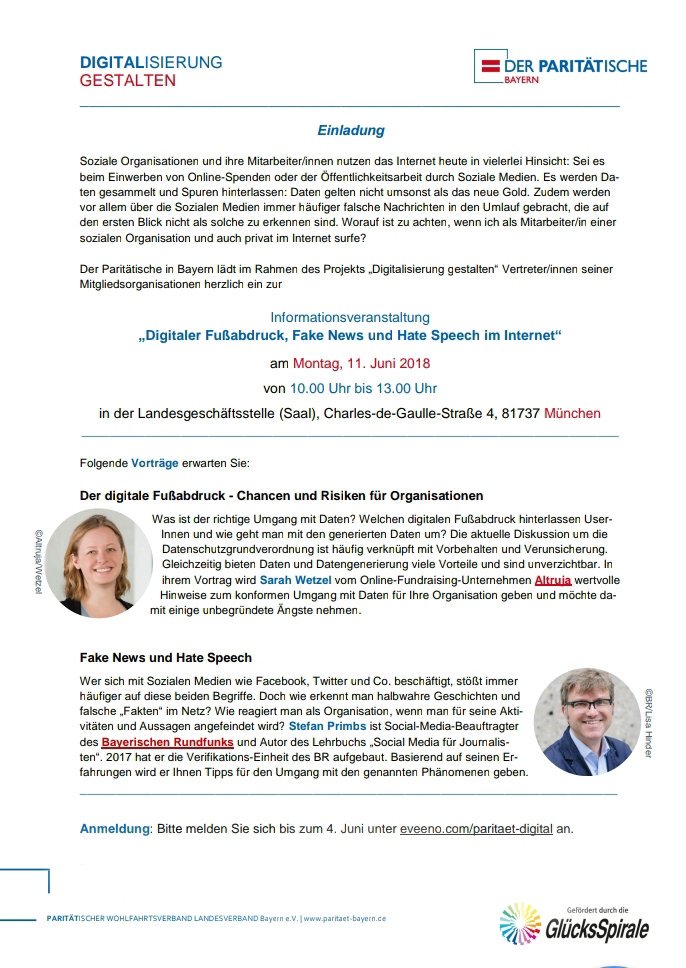 Jan Gerspach Digitaler Fussabdruck Fake News Und Hate Speech Im Internet Der Paritatische In Bayern Ladt Seine Mitglieder Ein Zur Infoveranstaltung Am 11 Juni Mit Sarah Wetzel Und Stefan